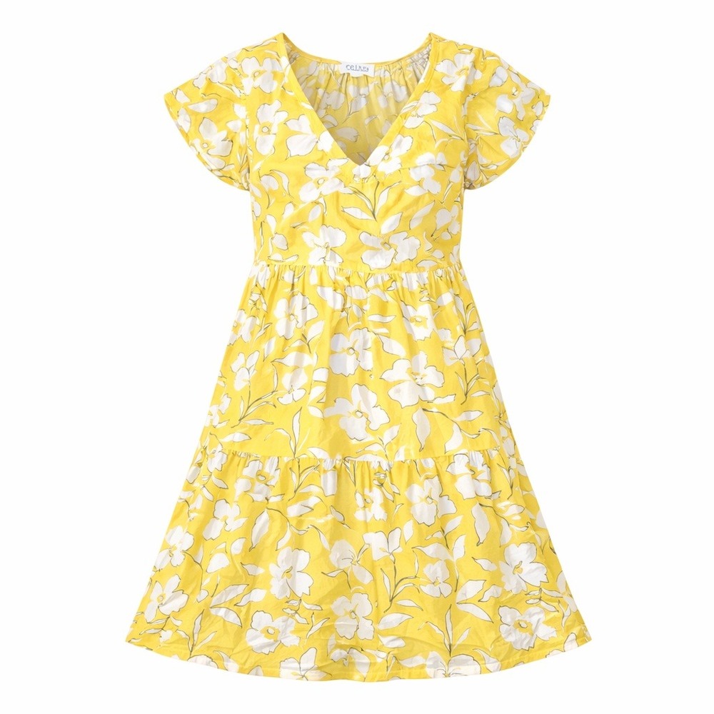 Velvet by Graham & Spencer Yellow Floral Tiered V Neck Short‎ Sleeve Dress XS